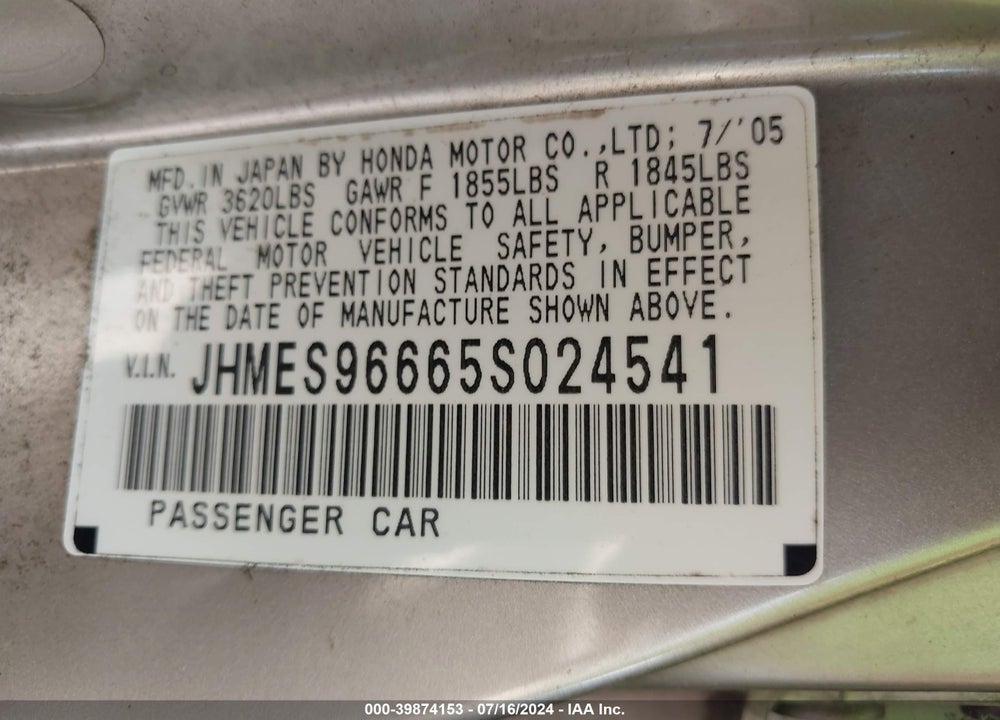 2005 HONDA CIVIC HYBRID VIN: JHMES96665S024541