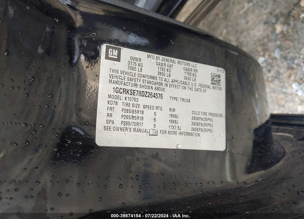 2013 CHEVROLET SILVERADO 1500 LT VIN: 1GCRKSE78DZ264376