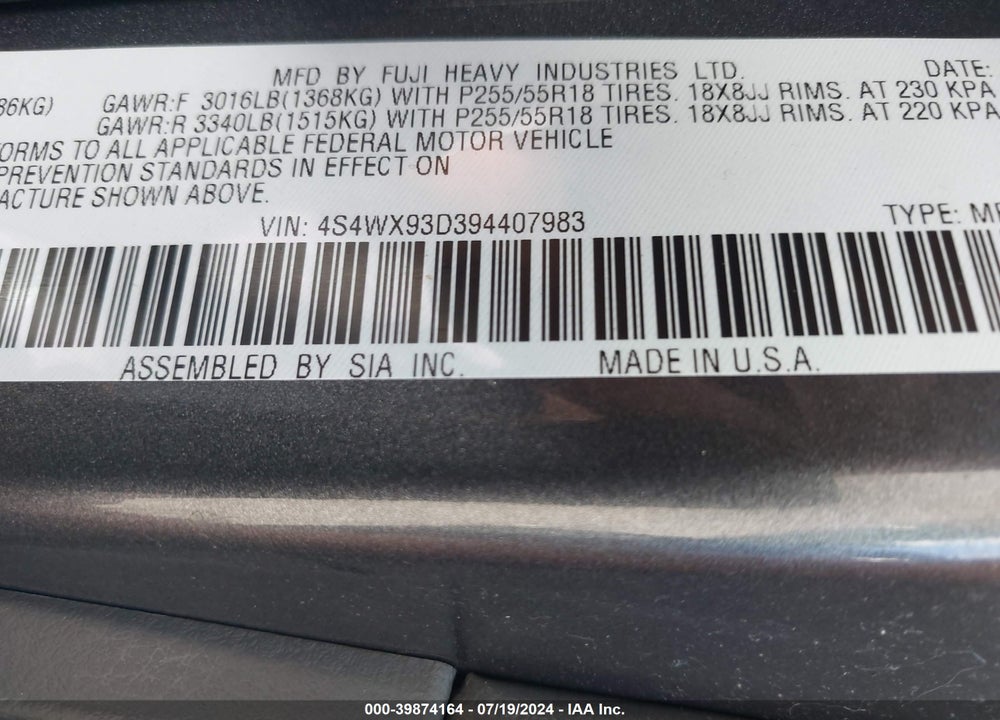 2009 SUBARU TRIBECA LIMITED 5-PASSENGER VIN: 4S4WX93D394407983