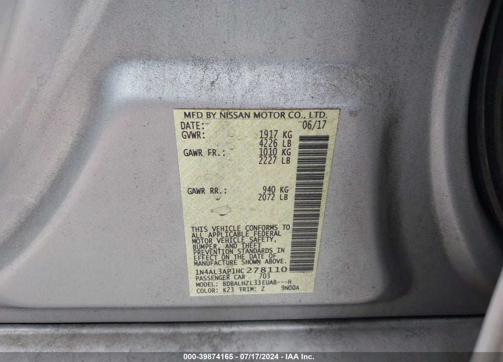 2017 NISSAN ALTIMA 2.5 SR VIN: 1N4AL3AP1HC278110