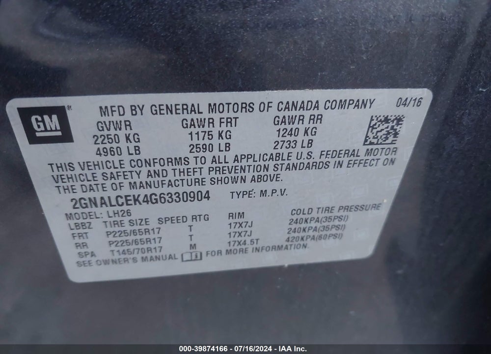 2016 CHEVROLET EQUINOX LT VIN: 2GNALCEK4G6330904