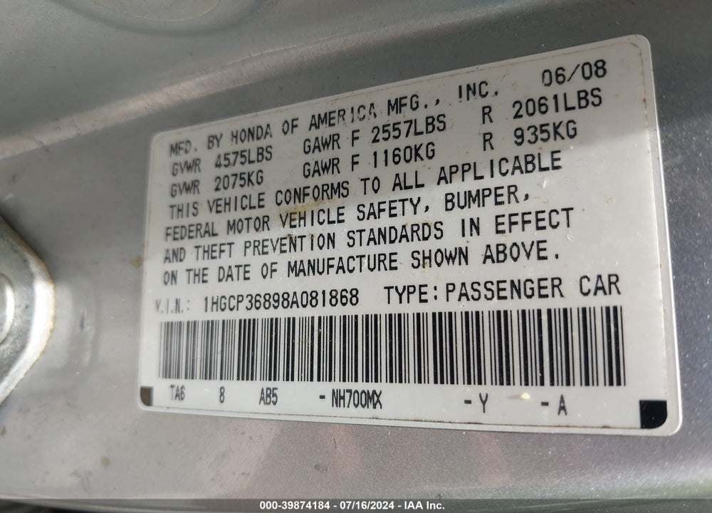 2008 HONDA ACCORD 3.5 EX-L VIN: 1HGCP36898A081868