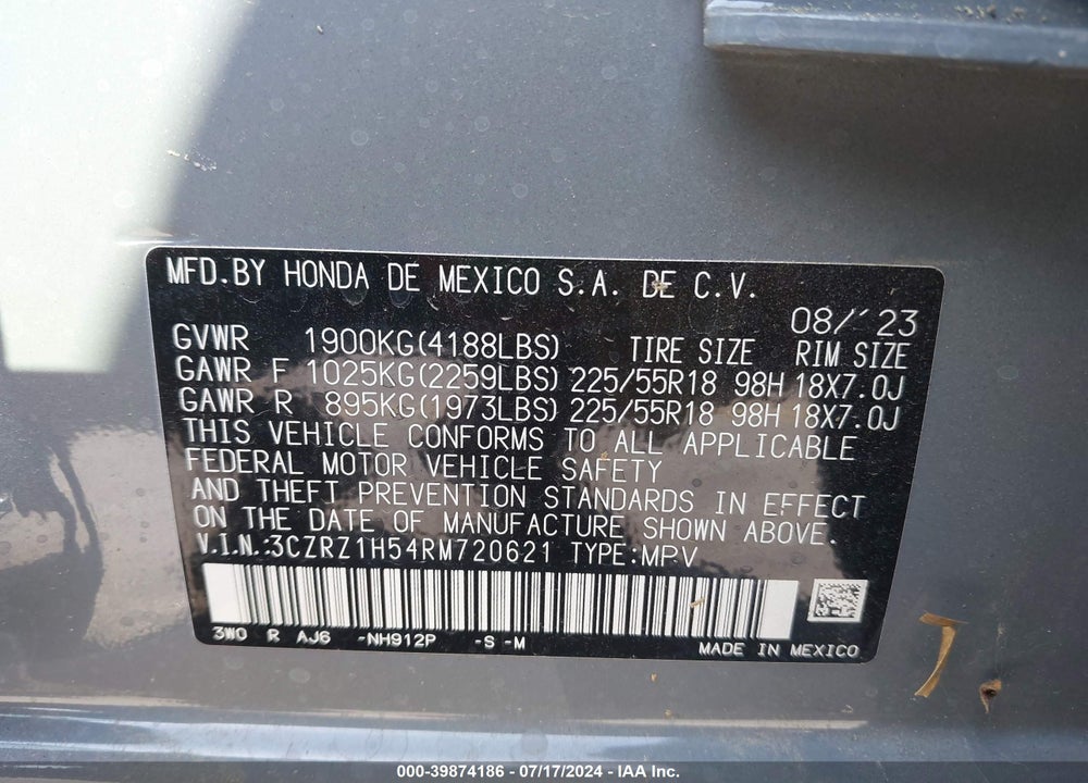 2024 HONDA HR-V 2WD SPORT/2WD SPORT W/O BSI VIN: 3CZRZ1H54RM720621