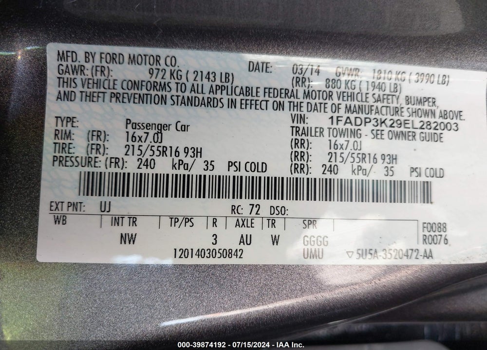 2014 FORD FOCUS SE VIN: 1FADP3K29EL282003