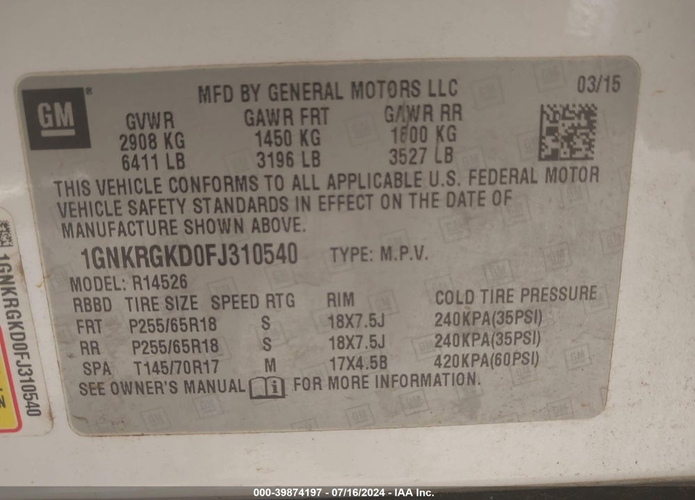 2015 CHEVROLET TRAVERSE 1LT VIN: 1GNKRGKD0FJ310540
