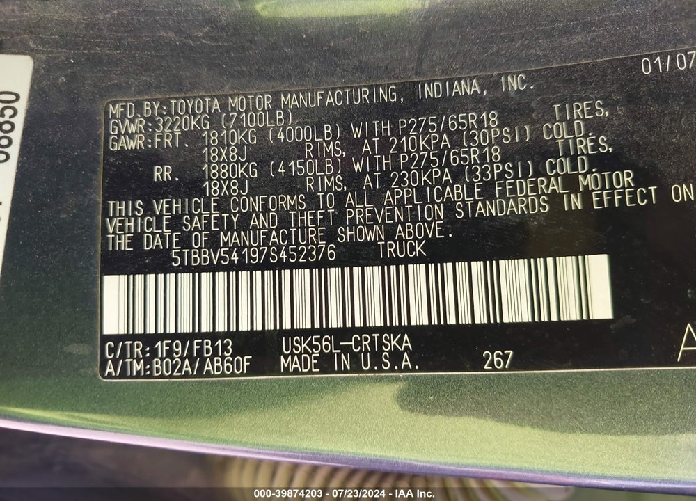 2007 TOYOTA TUNDRA SR5 5.7L V8 VIN: 5TBBV54197S452376