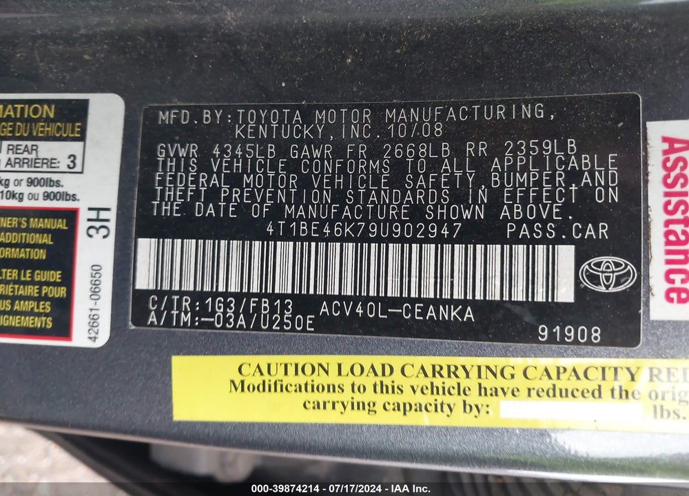 2009 TOYOTA CAMRY LE VIN: 4T1BE46K79U902947