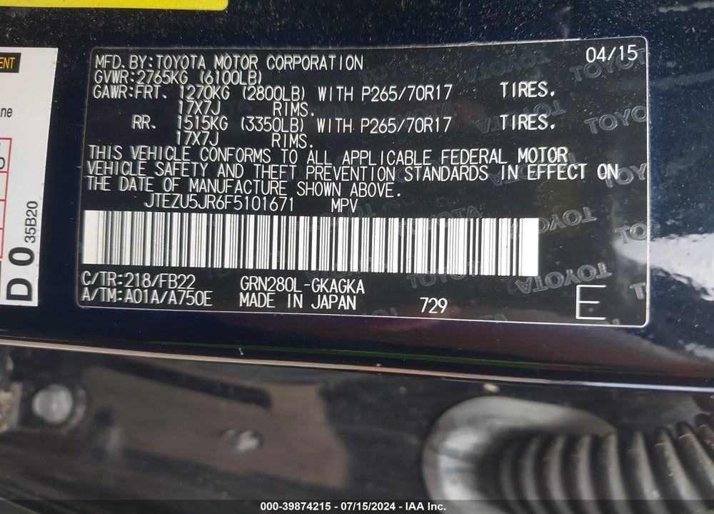 2015 TOYOTA 4RUNNER SR5 VIN: JTEZU5JR6F5101671