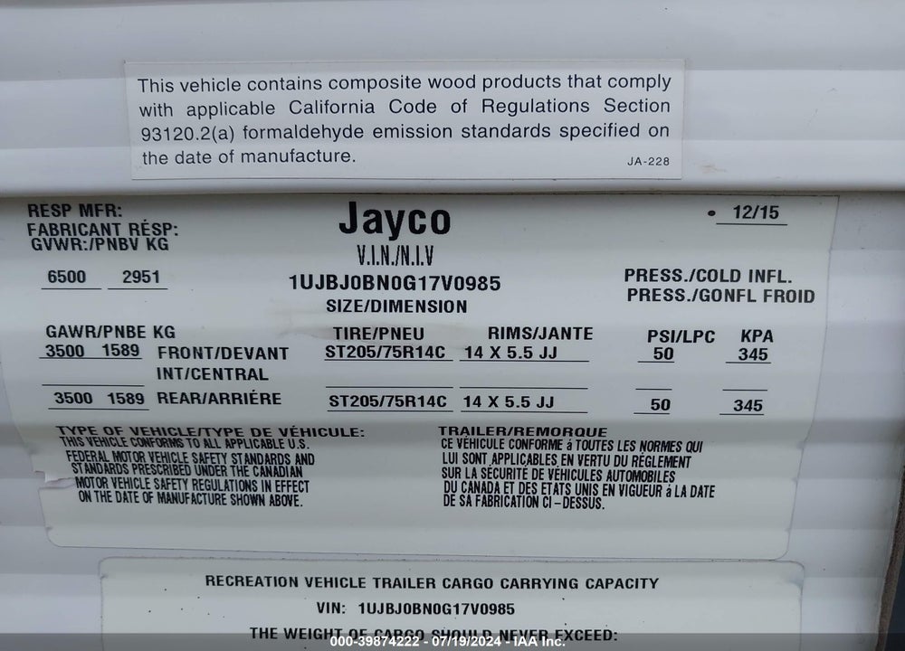 2016 OTHER JAYCO VIN: 1UJBJ0BN0G17V0985