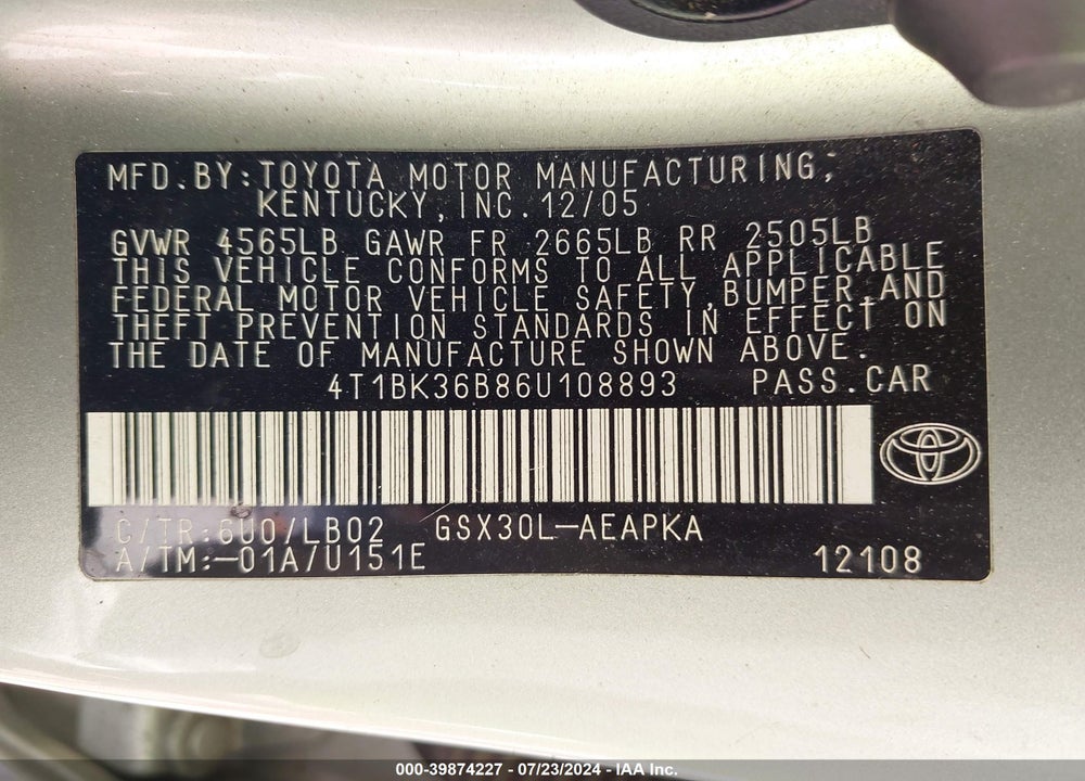 2006 TOYOTA AVALON LIMITED VIN: 4T1BK36B86U108893