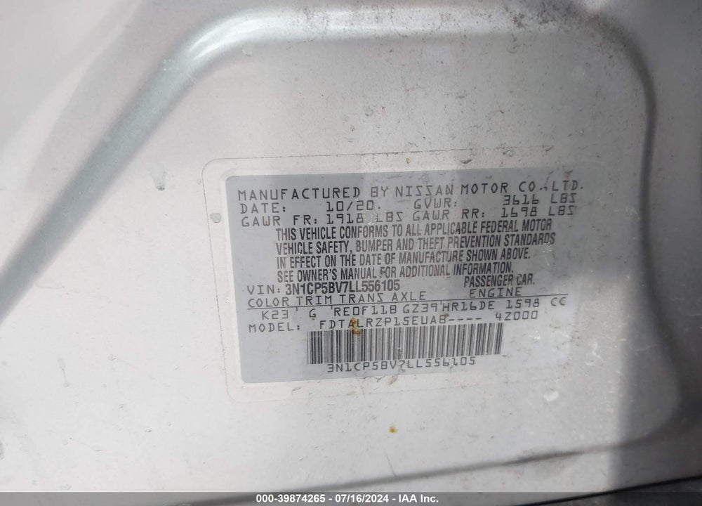 2020 NISSAN KICKS S XTRONIC CVT VIN: 3N1CP5BV7LL556105