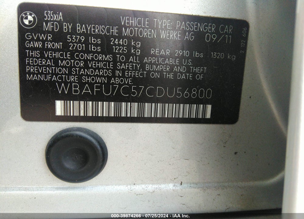 2012 BMW 535I XDRIVE VIN: WBAFU7C57CDU56800