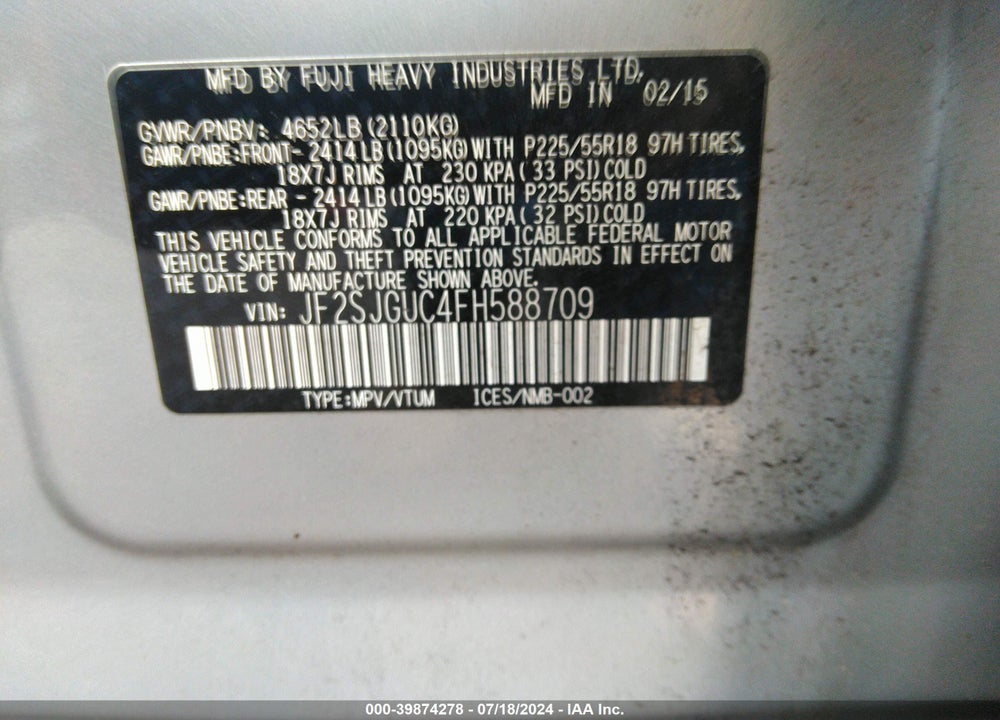 2015 SUBARU FORESTER 2.0XT TOURING VIN: JF2SJGUC4FH588709