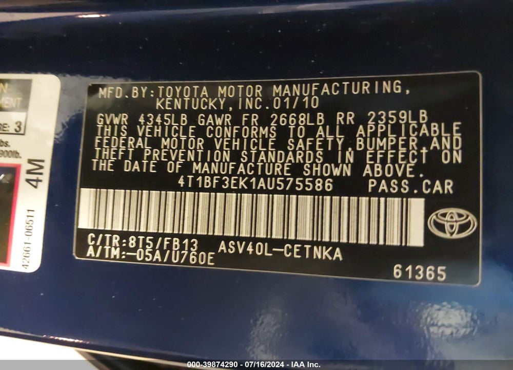 2010 TOYOTA CAMRY LE VIN: 4T1BF3EK1AU575586