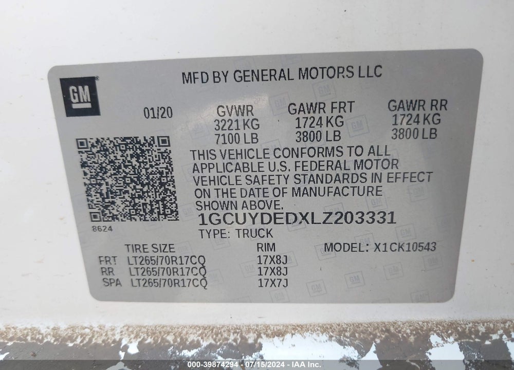 2020 CHEVROLET SILVERADO 1500 4WD SHORT BED LT VIN: 1GCUYDEDXLZ203331