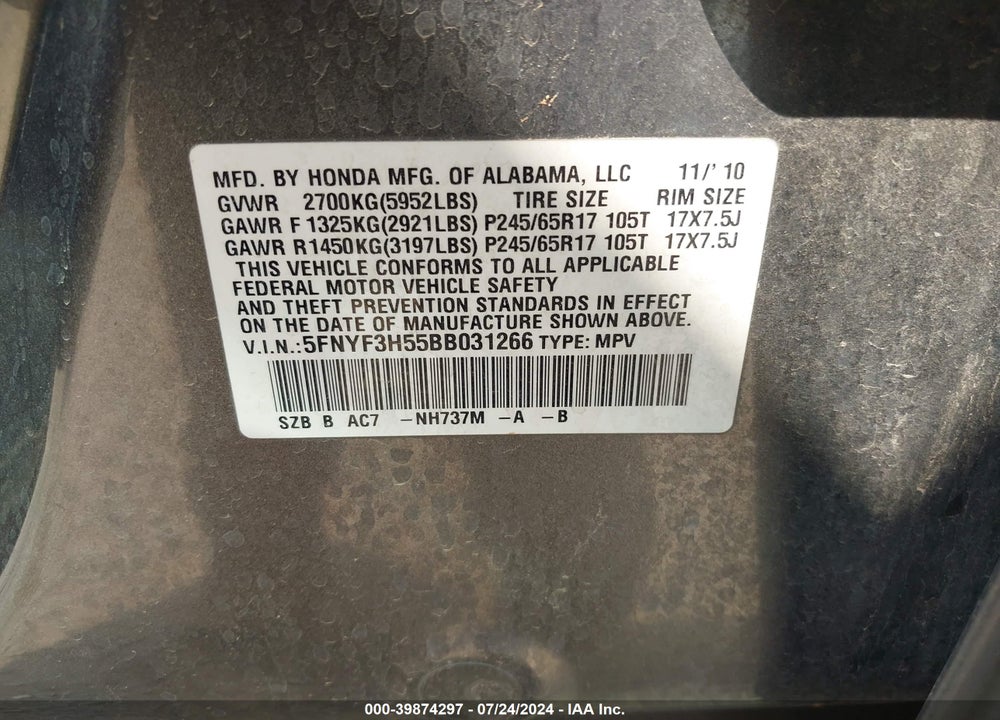 2011 HONDA PILOT EX-L VIN: 5FNYF3H55BB031266