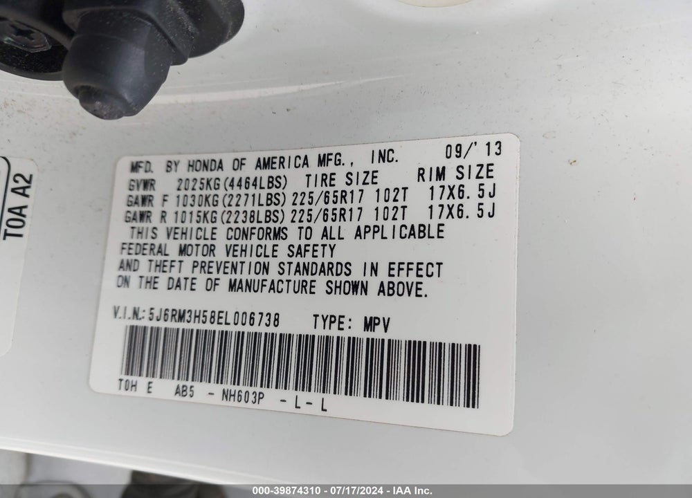 2014 HONDA CR-V EX VIN: 5J6RM3H58EL006738