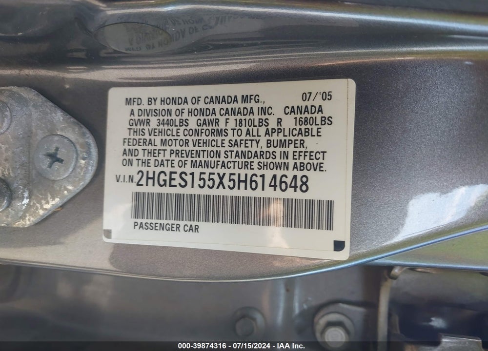 2005 HONDA CIVIC LX VIN: 2HGES155X5H614648