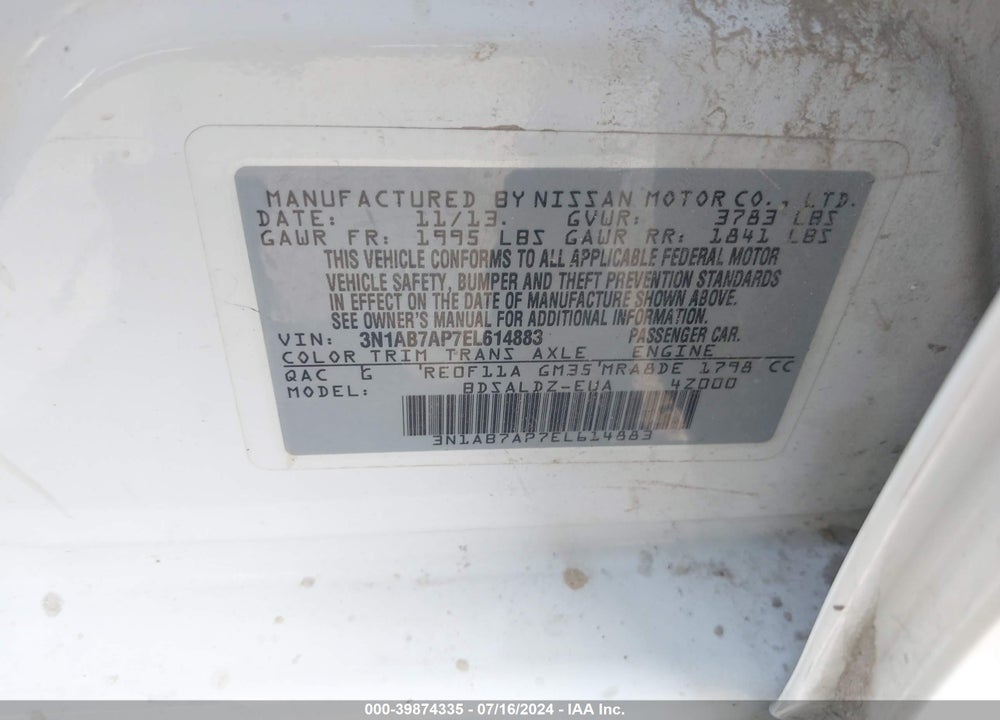 2014 NISSAN SENTRA SV VIN: 3N1AB7AP7EL614883