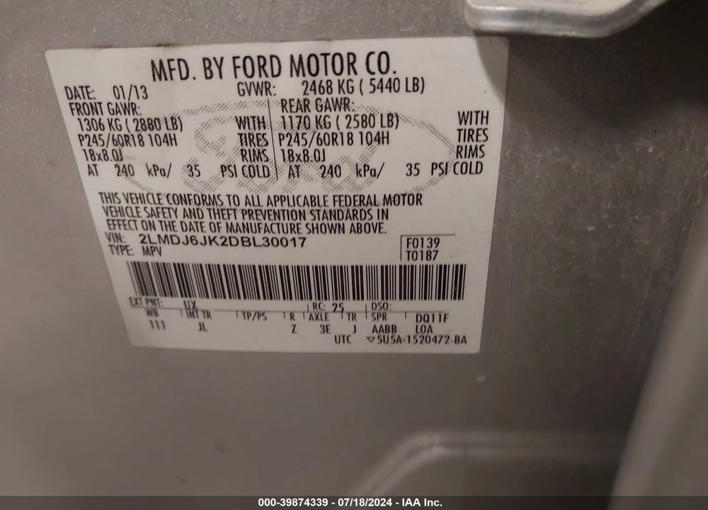 2013 LINCOLN MKX VIN: 2LMDJ6JK2DBL30017