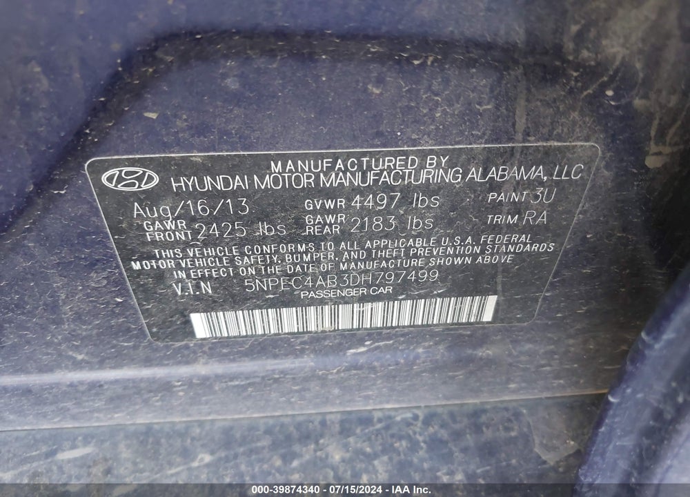 2013 HYUNDAI SONATA SE 2.0T VIN: 5NPEC4AB3DH797499