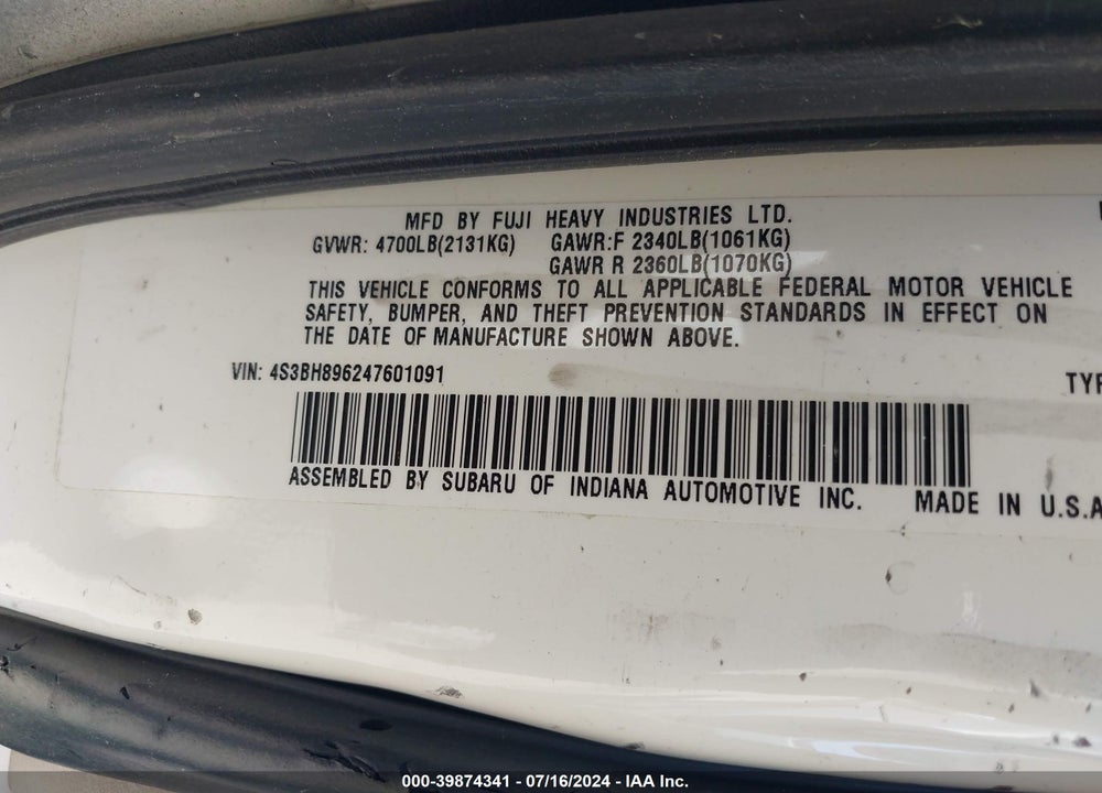 2004 SUBARU OUTBACK H6-3.0 VDC VIN: 4S3BH896247601091
