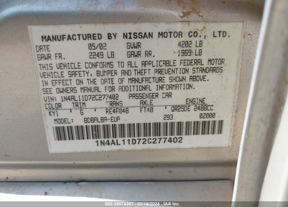 2002 NISSAN ALTIMA 2.5 S VIN: 1N4AL11D72C277402