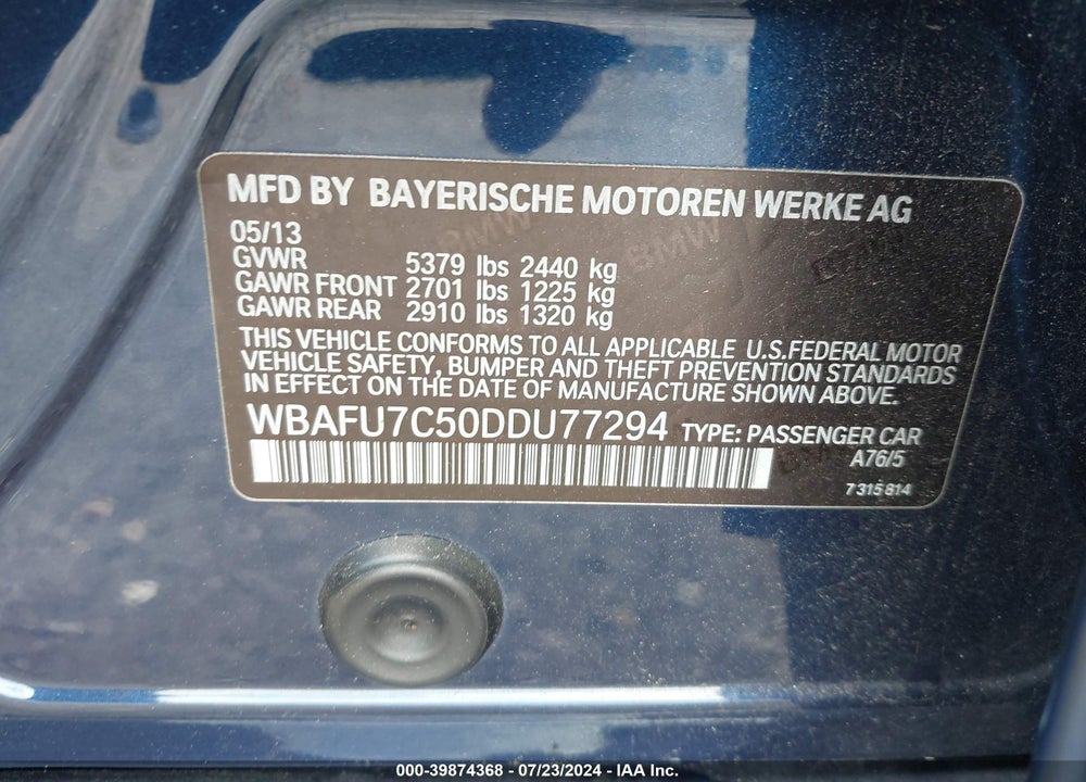 2013 BMW 535I XDRIVE VIN: WBAFU7C50DDU77294