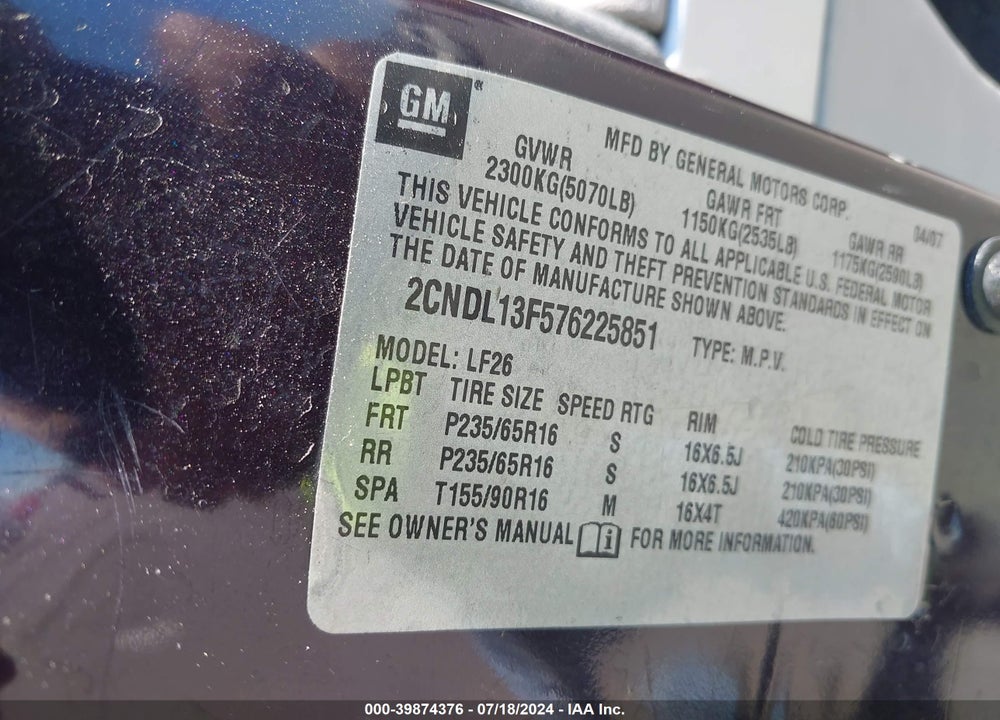 2007 CHEVROLET EQUINOX LS VIN: 2CNDL13F576225851