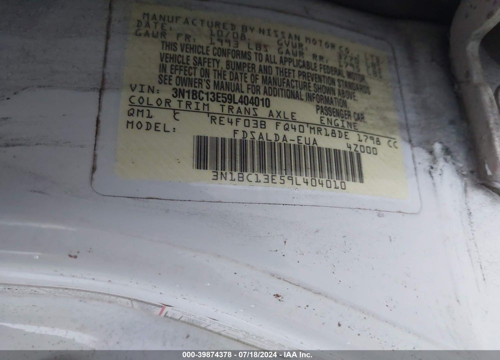 2009 NISSAN VERSA 1.8S VIN: 3N1BC13E59L404010