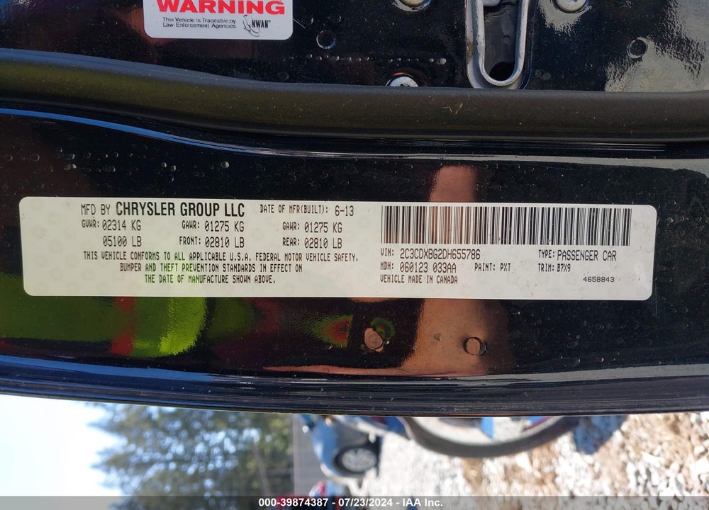 2013 DODGE CHARGER SE VIN: 2C3CDXBG2DH655786