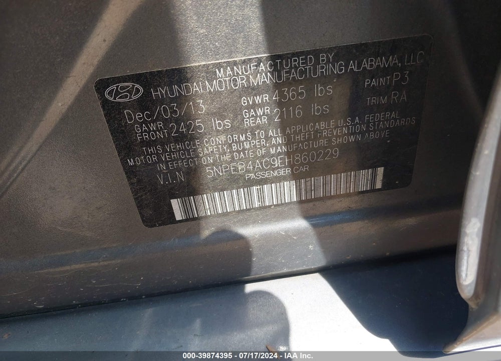 2014 HYUNDAI SONATA GLS VIN: 5NPEB4AC9EH860229