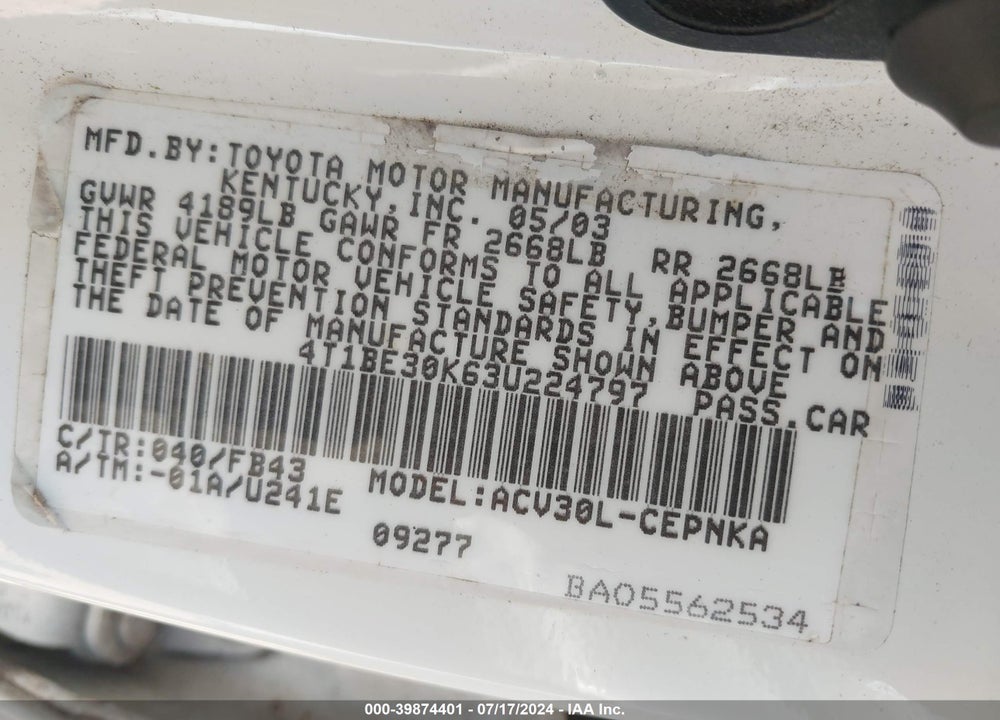 2003 TOYOTA CAMRY LE VIN: 4T1BE30K63U224797