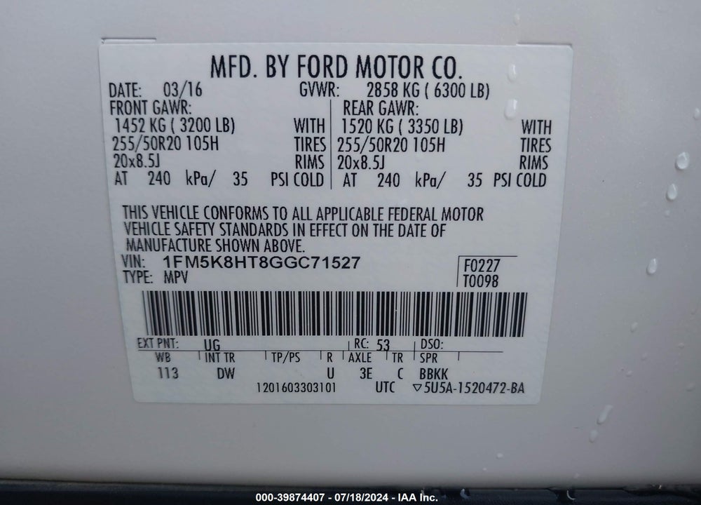 2016 FORD EXPLORER PLATINUM VIN: 1FM5K8HT8GGC71527