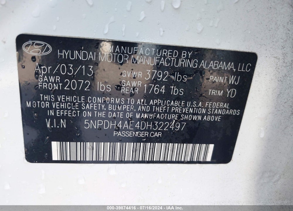 2013 HYUNDAI ELANTRA GLS VIN: 5NPDH4AE4DH322497