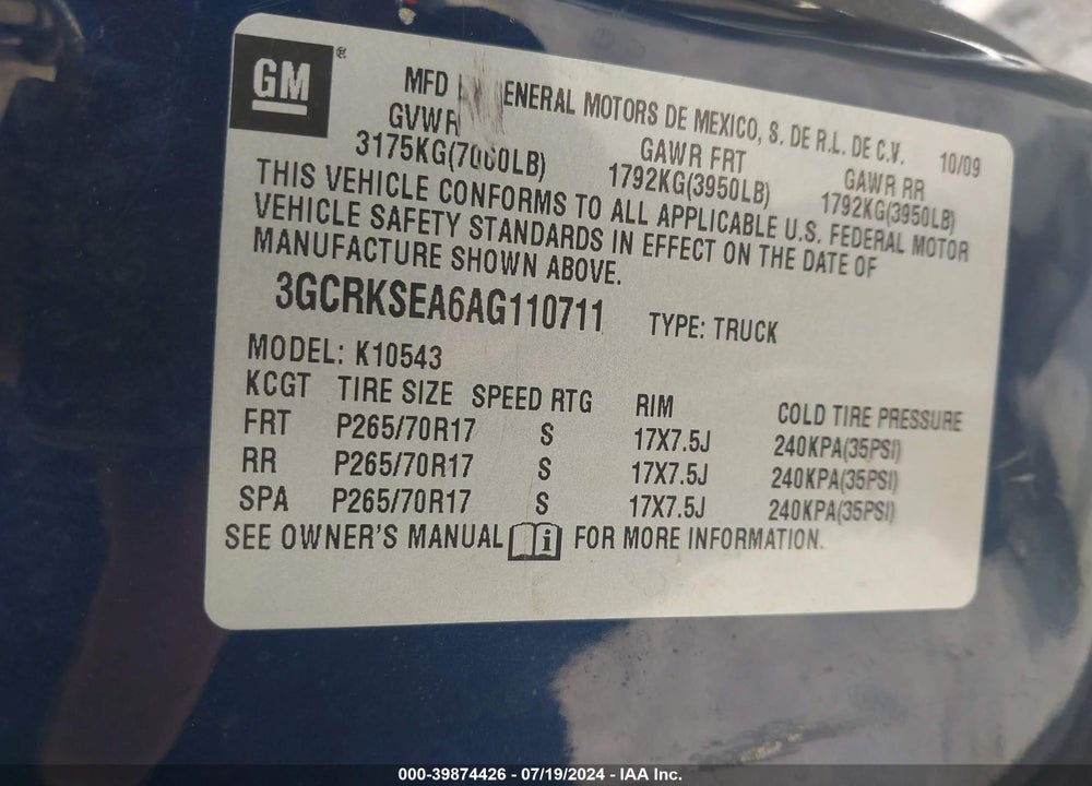 2010 CHEVROLET SILVERADO 1500 LT VIN: 3GCRKSEA6AG110711
