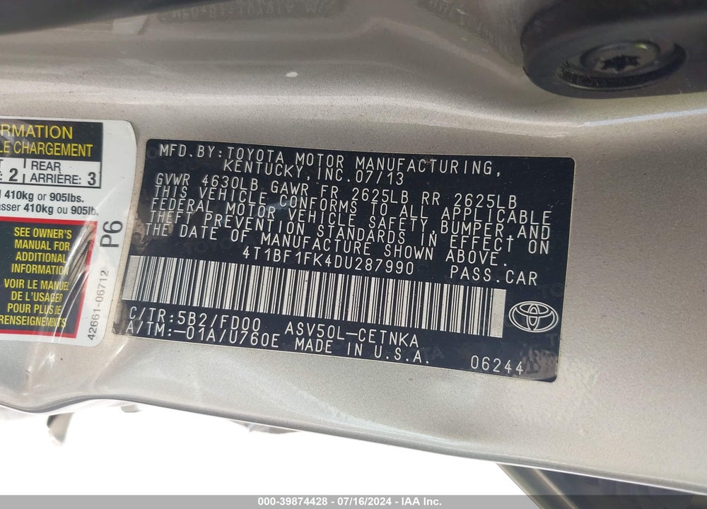 2013 TOYOTA CAMRY LE VIN: 4T1BF1FK4DU287990