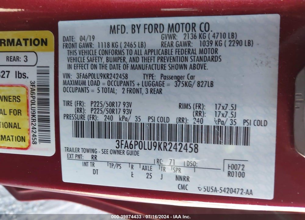2019 FORD FUSION HYBRID SE VIN: 3FA6P0LU9KR242458