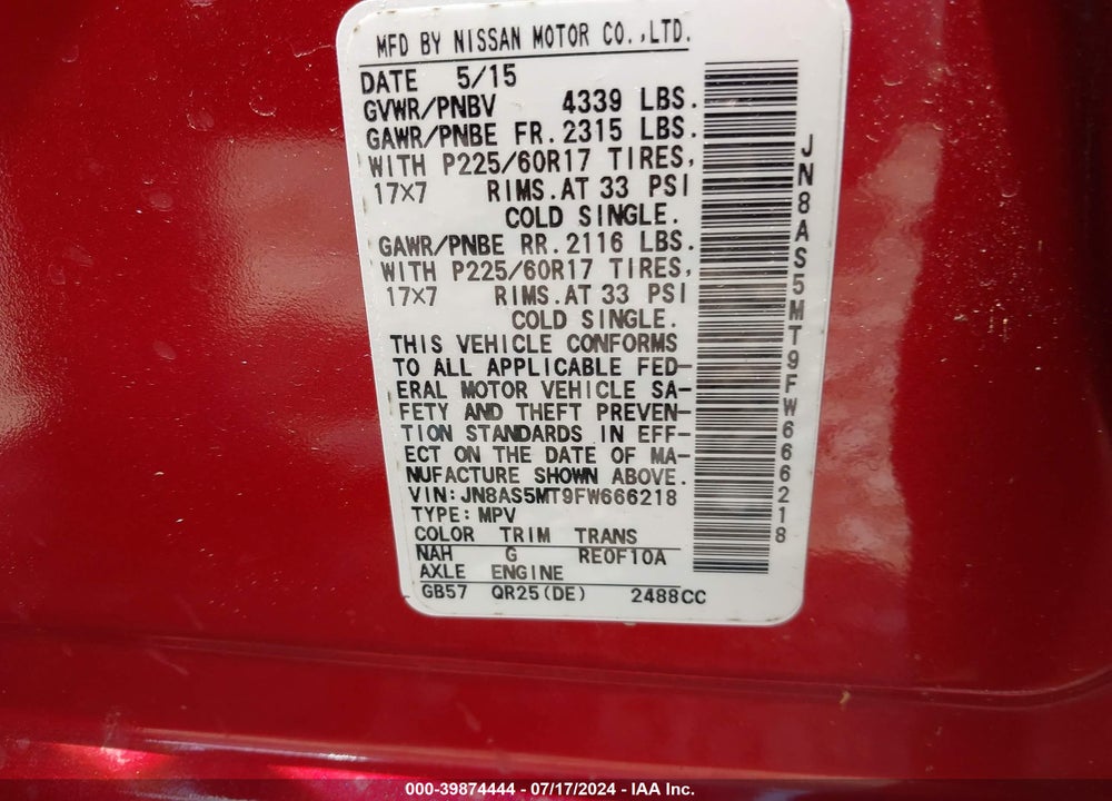 2015 NISSAN ROGUE SELECT S VIN: JN8AS5MT9FW666218