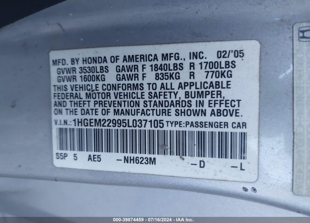 2005 HONDA CIVIC EX VIN: 1HGEM22995L037105
