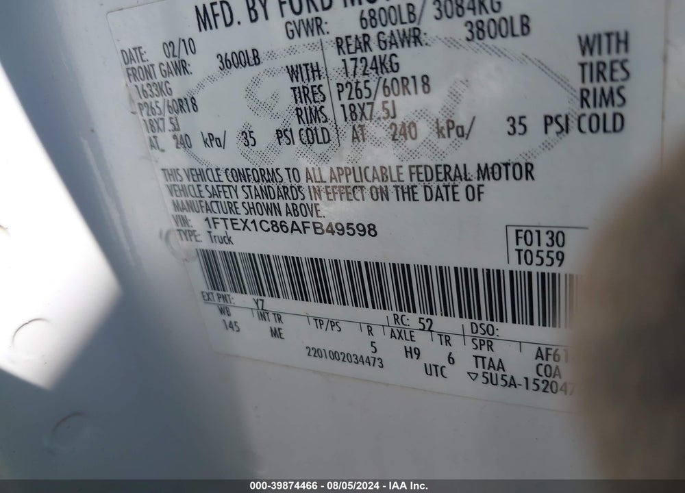 2010 FORD F-150 FX2 SPORT/STX/XL/XLT VIN: 1FTEX1C86AFB49598