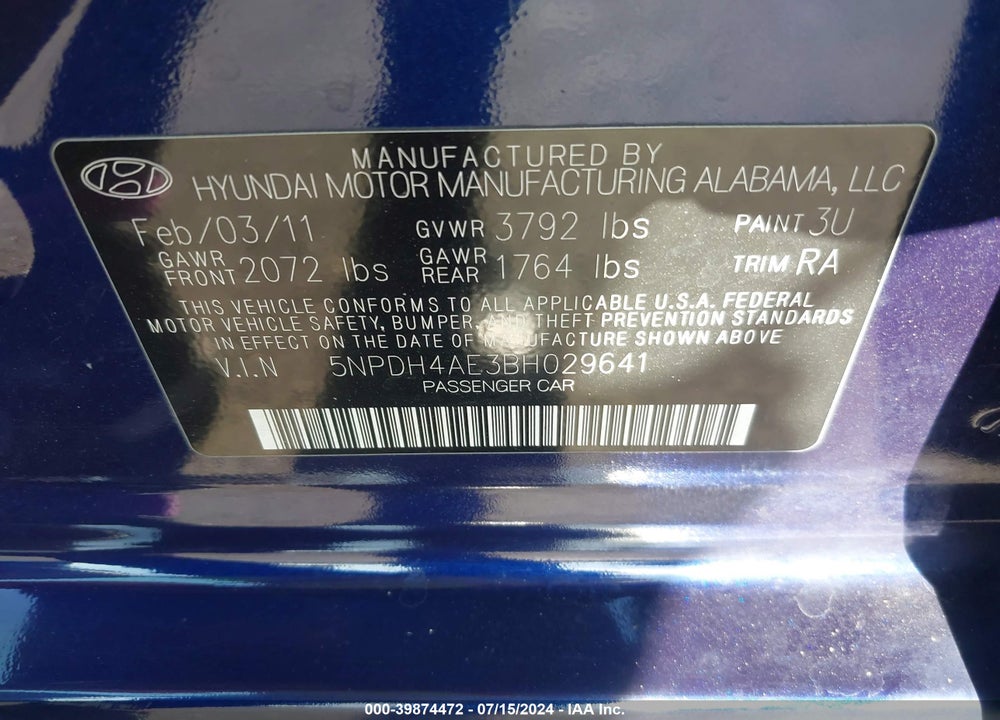 2011 HYUNDAI ELANTRA GLS VIN: 5NPDH4AE3BH029641