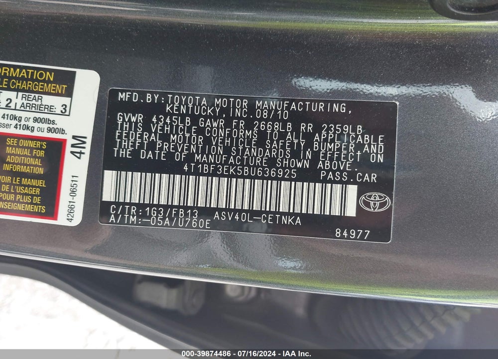 2011 TOYOTA CAMRY LE VIN: 4T1BF3EK5BU636925