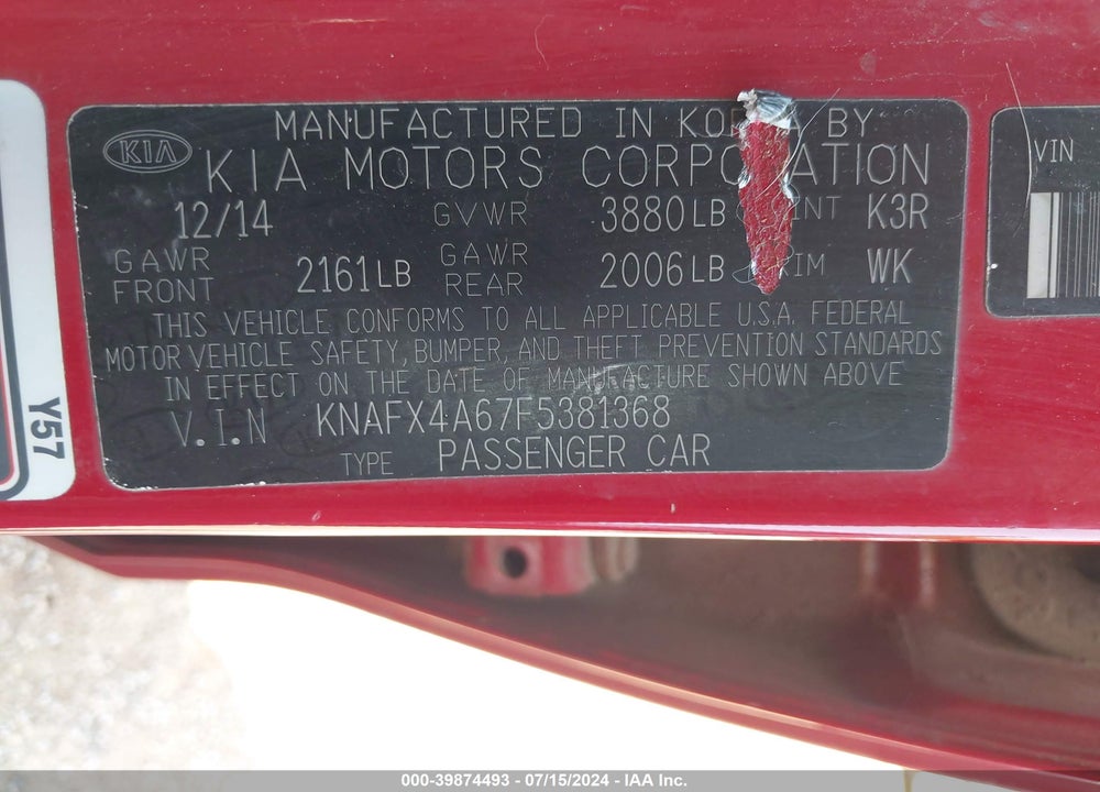 2015 KIA FORTE LX VIN: KNAFX4A67F5381368