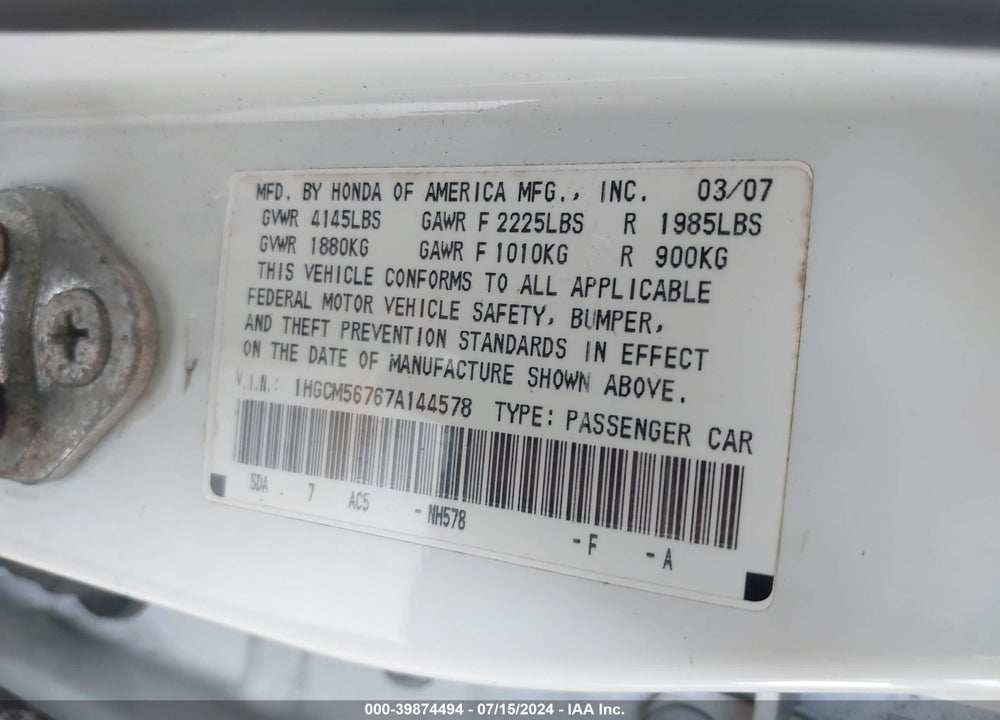 2007 HONDA ACCORD 2.4 EX VIN: 1HGCM56767A144578