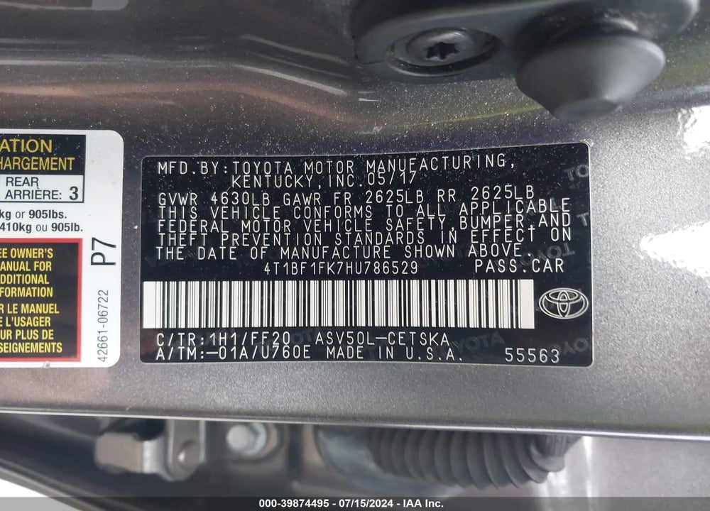 2017 TOYOTA CAMRY SE VIN: 4T1BF1FK7HU786529