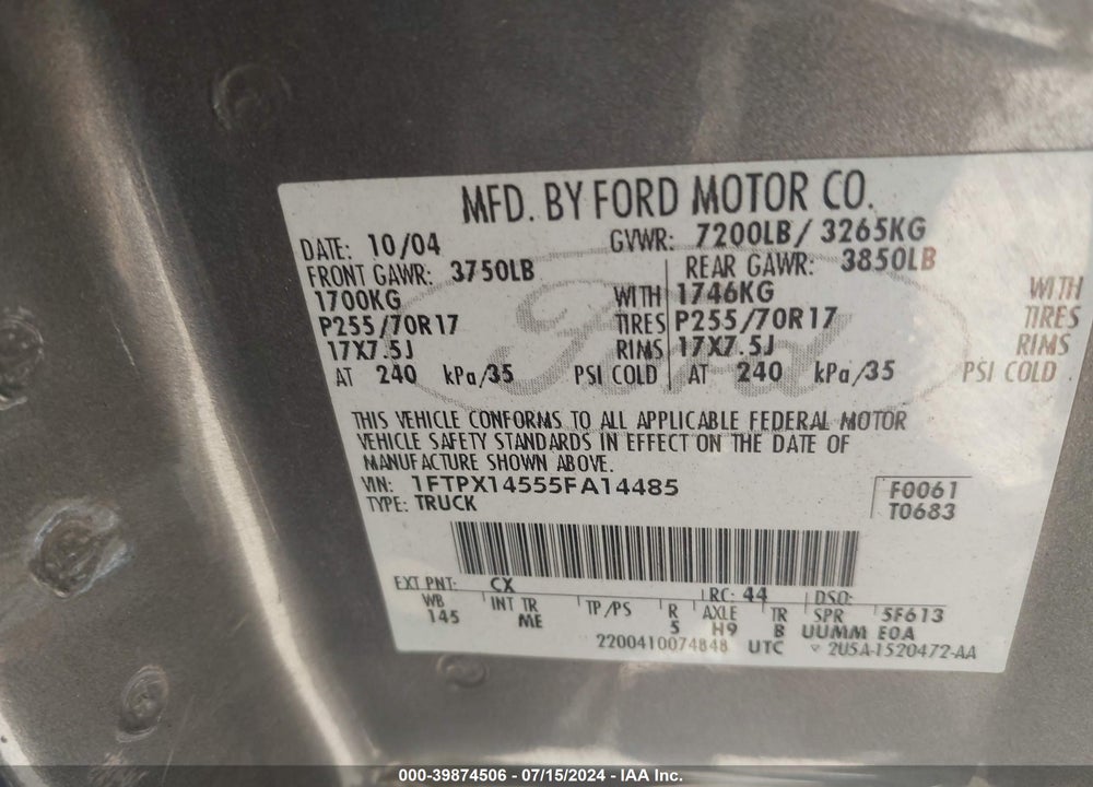 2005 FORD F-150 FX4/LARIAT/XL/XLT VIN: 1FTPX14555FA14485