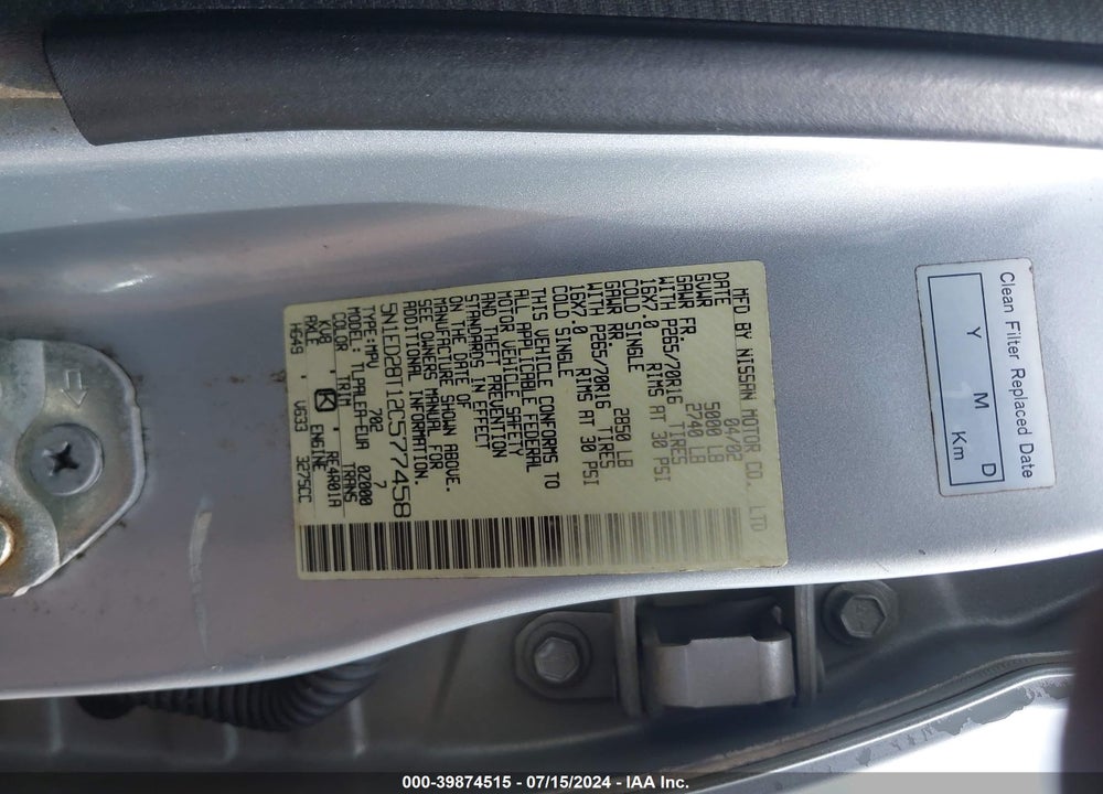 2002 NISSAN XTERRA XE VIN: 5N1ED28T12C577458