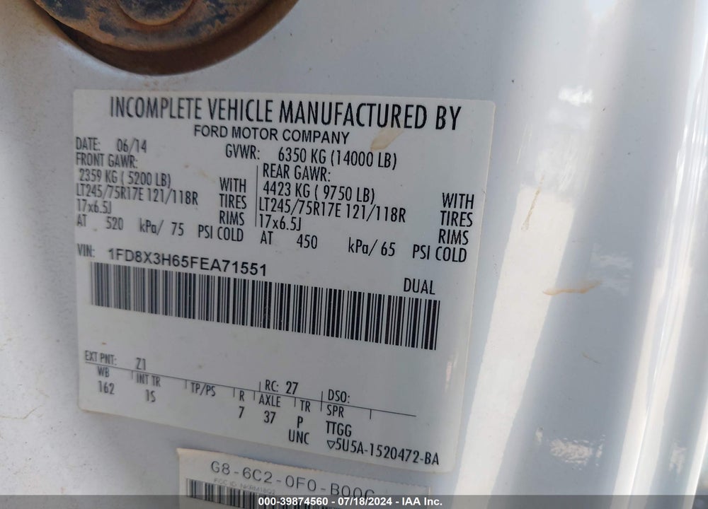 2015 FORD F-350 CHASSIS XL VIN: 1FD8X3H65FEA71551