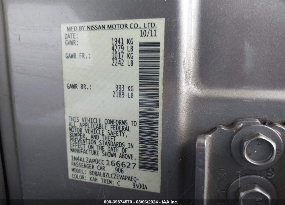 2012 NISSAN ALTIMA 2.5 S VIN: 1N4AL2AP0CC166627
